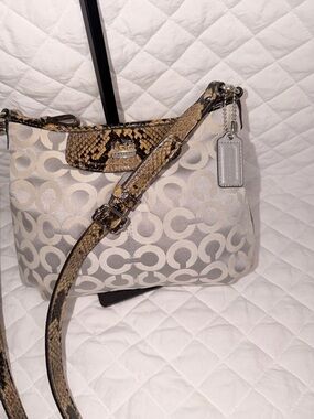 Coach Madison Op Art Steel Gray Sateen Messenger purse With Snake Embossed Trim